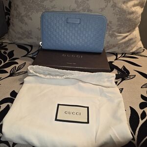 EUC Gucci Microguccissima Zip-Around Wallet, Sky Blue with COA